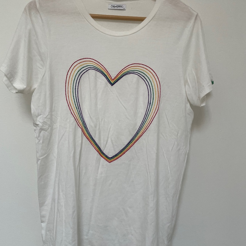 Lauren Moshi White Tee with Rainbow Heart Embroidery